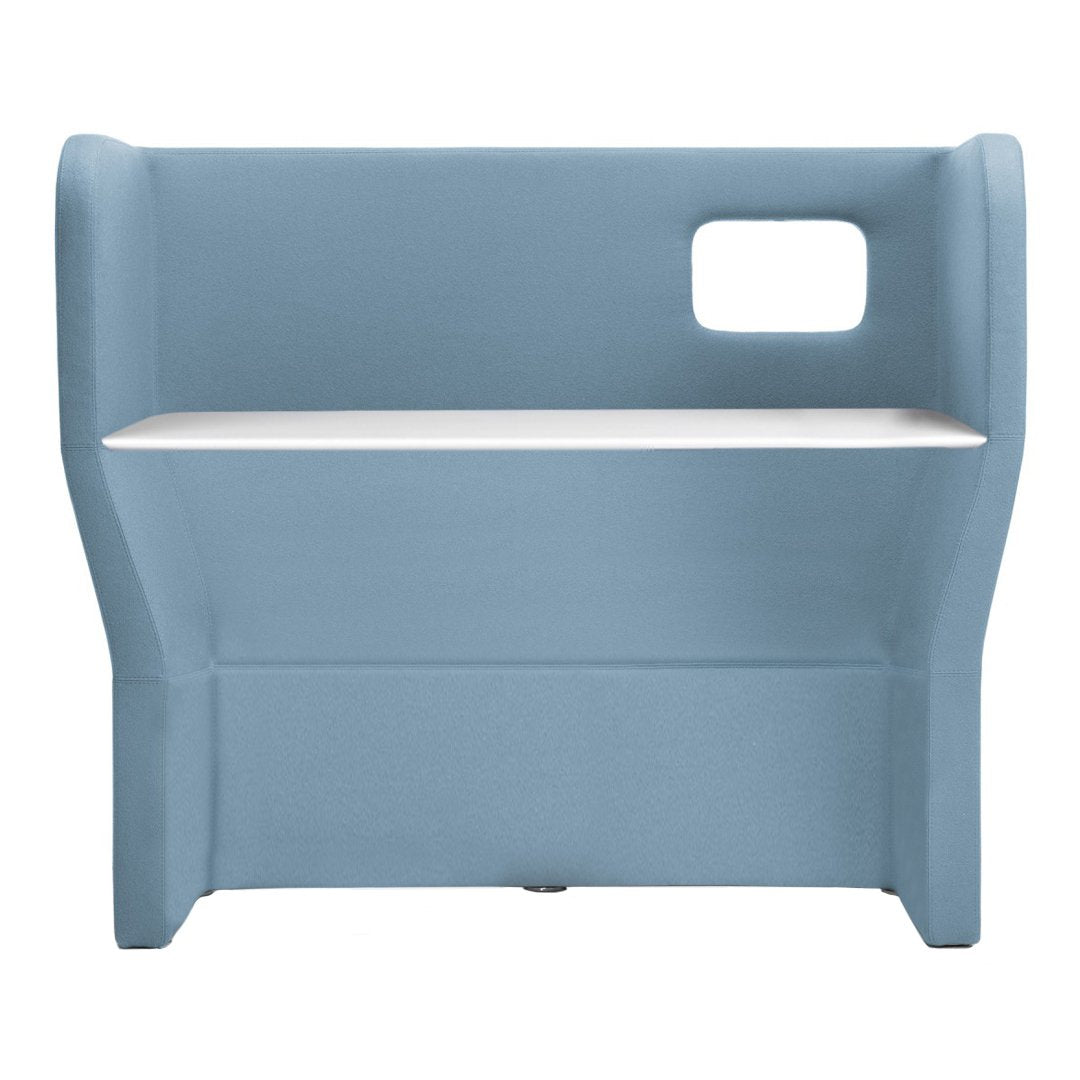 Light blue upholstered bench with smooth, modern design and contrasting white shelf. Ideal for contemporary spaces.