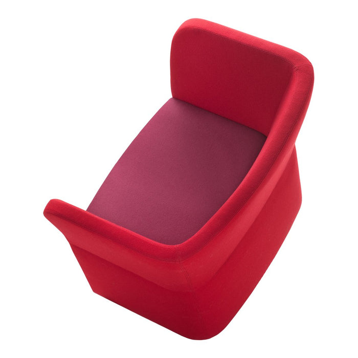 Bright red chair with a deep burgundy seat cushion, featuring smooth, modern curves and a sleek design.