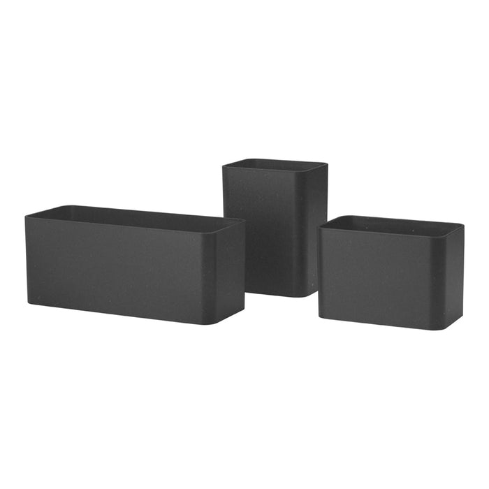 Set of three matte black rectangular planters in varying heights and sizes, featuring a sleek, modern design.