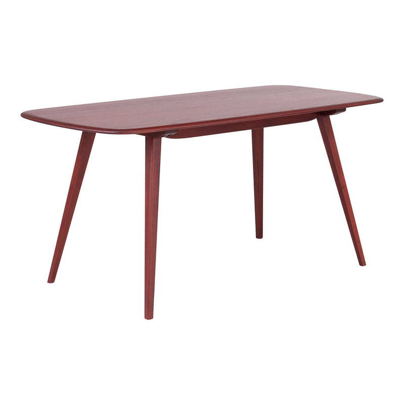 Mid-century modern rectangular table with a rich mahogany finish and tapered legs, showcasing smooth wooden texture.