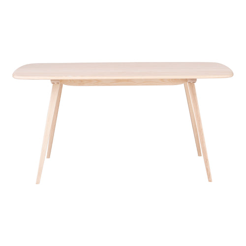 Light natural wood dining table with smooth, rounded edges and tapered legs, showcasing a minimalist Scandinavian design.