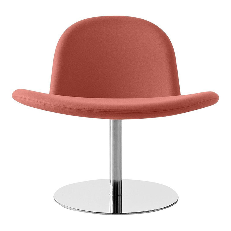 Rose pink upholstered chair with a smooth chrome base, featuring a minimalist design and rounded edges.