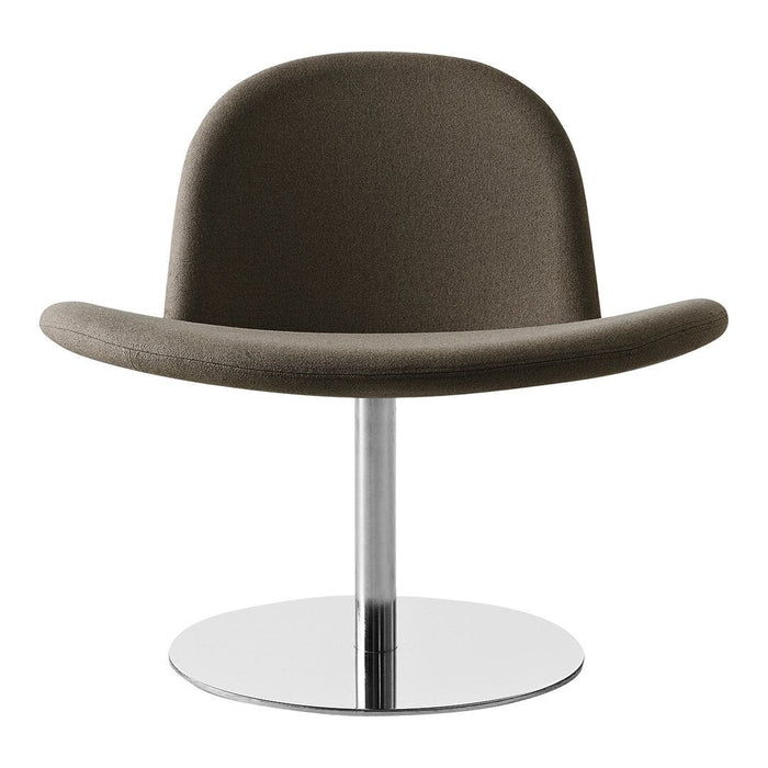 Stylish curved chair in soft gray fabric with a sleek chrome base, showcasing a modern minimalist design.