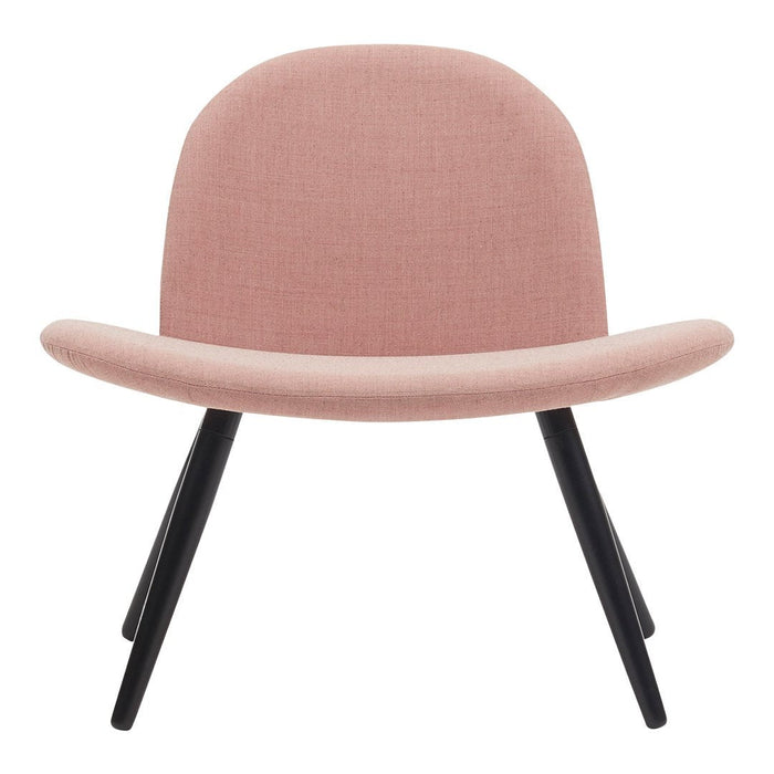 Sleek pink fabric chair with a minimalist design, featuring a curved seat and black wooden legs. Ideal for modern decor.