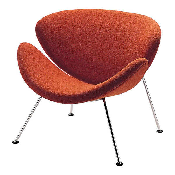 Mid-century modern chair in vibrant orange upholstery with smooth, curvy lines and sleek metal legs.