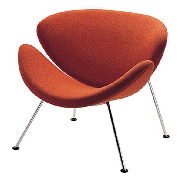 Elegant orange accent chair with a smooth, curvy shape and sleek metallic legs, perfect for modern decor.