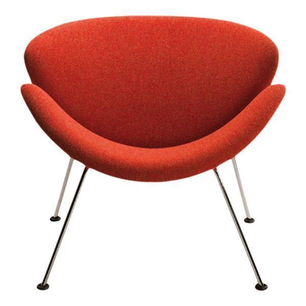 Bright orange upholstered chair with a smooth, rounded design and sleek, metallic legs. Ideal for modern decor.