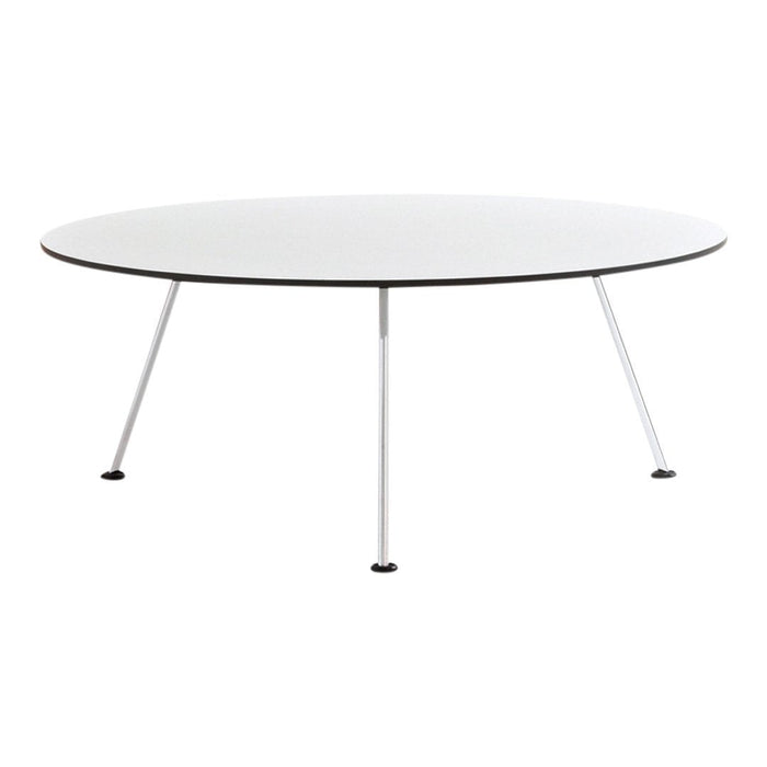 White round table with sleek black trim and minimalist metal legs. Perfect for modern decor.