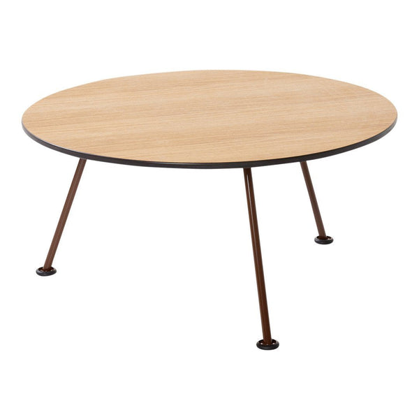 Round wooden coffee table with a light oak finish and slender, dark metal legs. Minimalist design with a smooth surface.