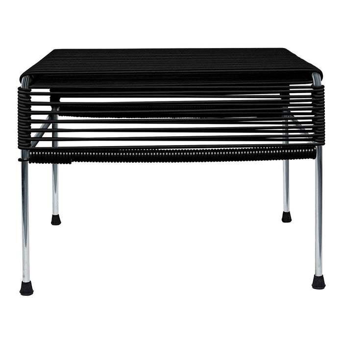 Black wire table with sleek horizontal lines and chrome legs, perfect for modern decor.