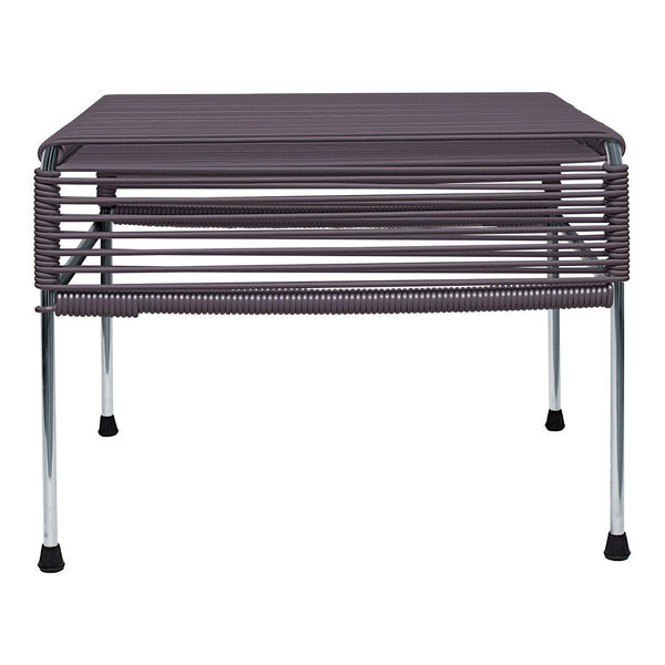Purple and silver metal coffee table with a modern, slatted design and sleek chrome legs. Ideal for contemporary spaces.