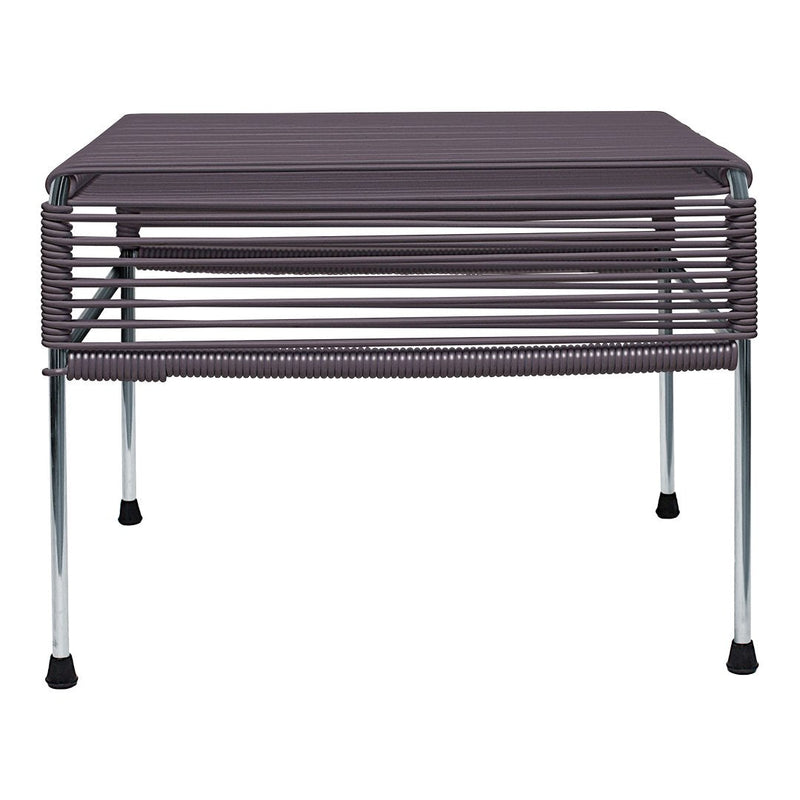 Purple and silver metal coffee table with a modern, slatted design and sleek chrome legs. Ideal for contemporary spaces.