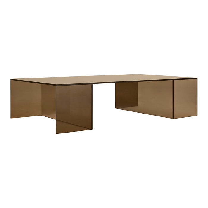 Smoky brown glass coffee table with sleek, modern design and clean lines, perfect for contemporary decor.