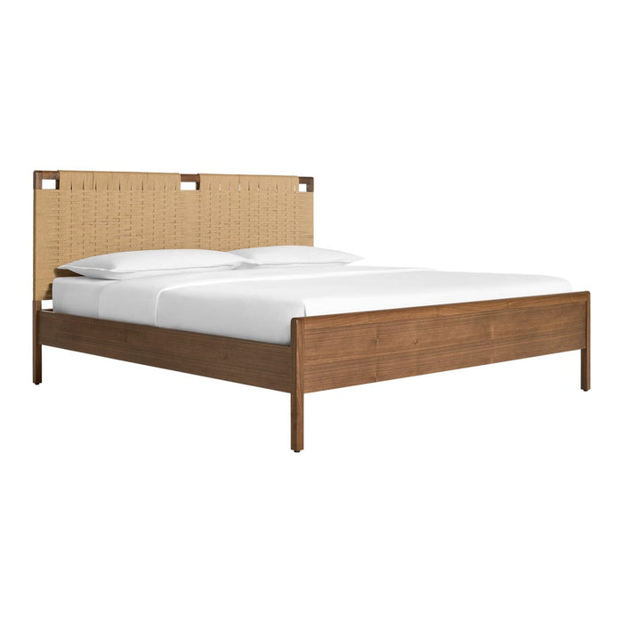 "Natural wood bed frame with a woven beige headboard and crisp white bedding, ideal for a minimalist aesthetic."