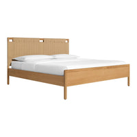 Natural wood bed frame with a light beige woven headboard and crisp white bedding, showcasing a minimalist design.