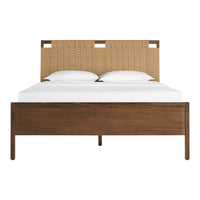 Modern bed with a natural woven headboard, rich brown wood frame, and crisp white bedding for a stylish look.