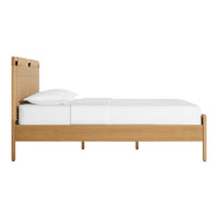 Natural wood bed frame with a woven headboard, featuring light oak tones and a clean white bedding set.