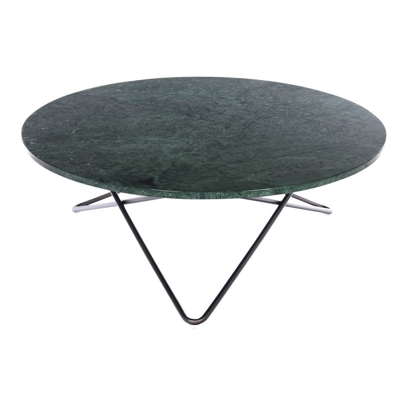 Round green marble coffee table with sleek black metal legs, featuring a smooth, textured surface. Perfect for modern decor.
