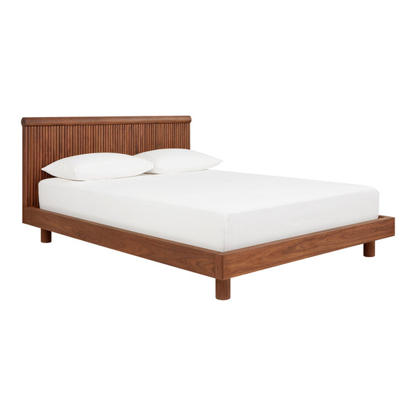 Wooden bed frame in rich walnut finish, featuring a slatted headboard and a minimalist design for a modern look.