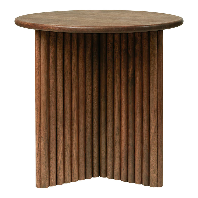 Round wooden side table with a textured, ribbed design in rich brown tones. Elegant and modern home decor accent.