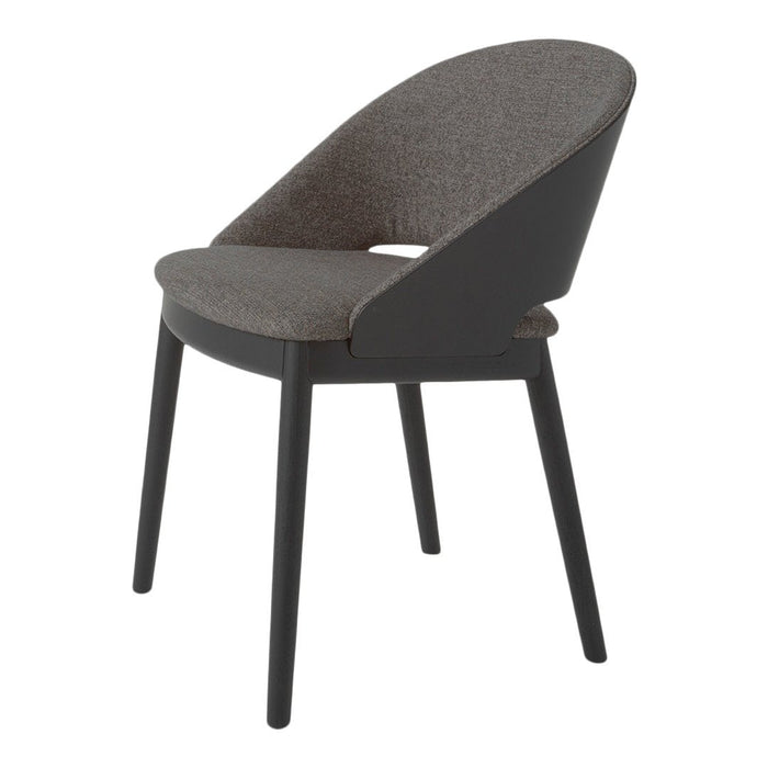 Gray upholstered chair with a sleek, dark wood frame and a minimalist, curved design. Perfect for modern interiors.