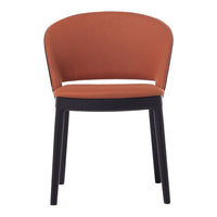 Rust orange upholstered chair with a sleek black wooden frame and minimalist design.