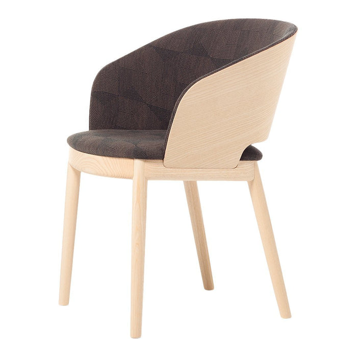 Stylish chair featuring a dark brown seat and curved back, complemented by light wood legs and a modern geometric pattern.