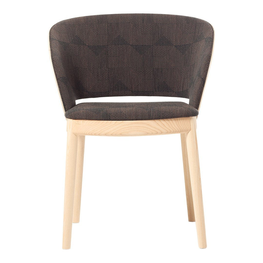 Dark gray patterned upholstery with a light wood frame, adding modern elegance to any space.
