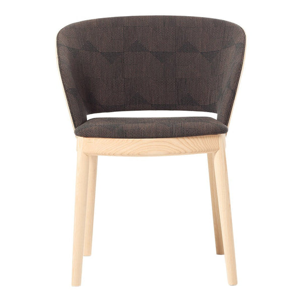 Dark gray patterned upholstery with a light wood frame, adding modern elegance to any space.