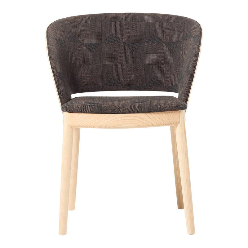 Dark gray patterned upholstery with a light wood frame, adding modern elegance to any space.