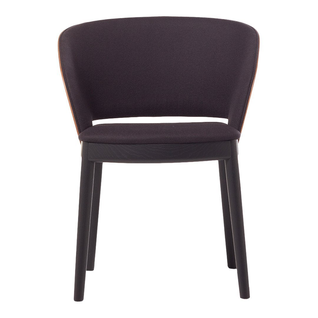 Black fabric chair with a sleek, modern design and curved backrest, featuring minimalist wooden legs.