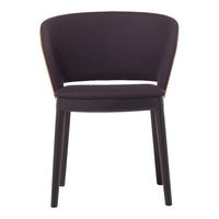 Black fabric chair with a sleek, modern design and curved backrest, featuring minimalist wooden legs.
