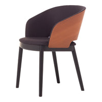 Stylish chair featuring a dark gray cushion, warm wood backrest, and sleek black legs for a modern look.