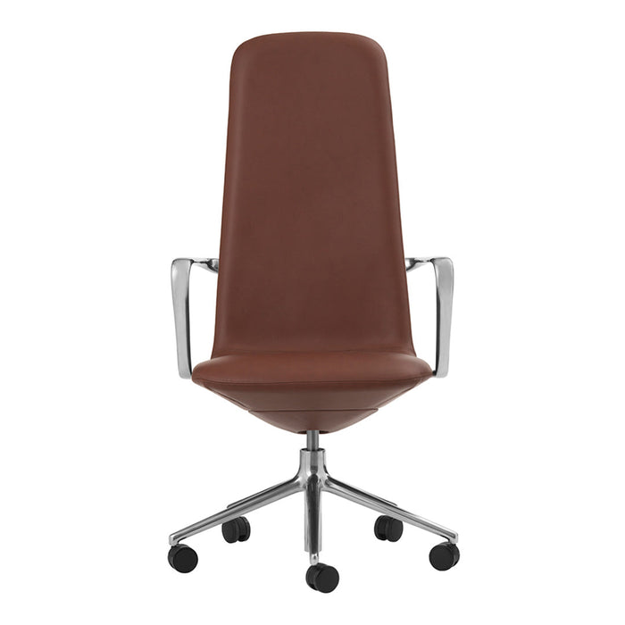 Brown modern office chair with a sleek, high back and chrome accents on a rolling base.