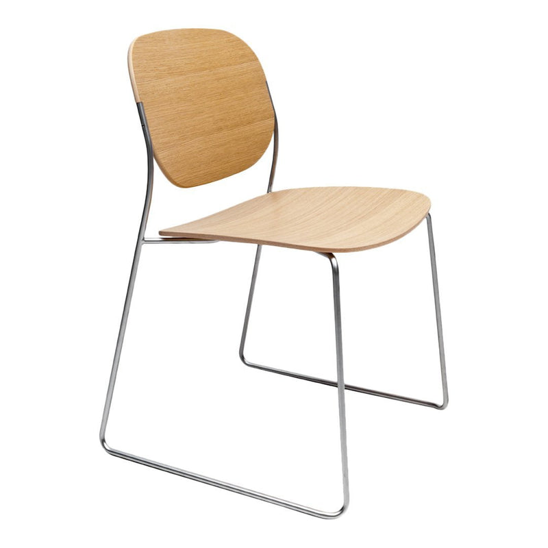 Modern wooden chair with a natural oak finish and a sleek chrome frame, showcasing minimalist design and smooth lines.