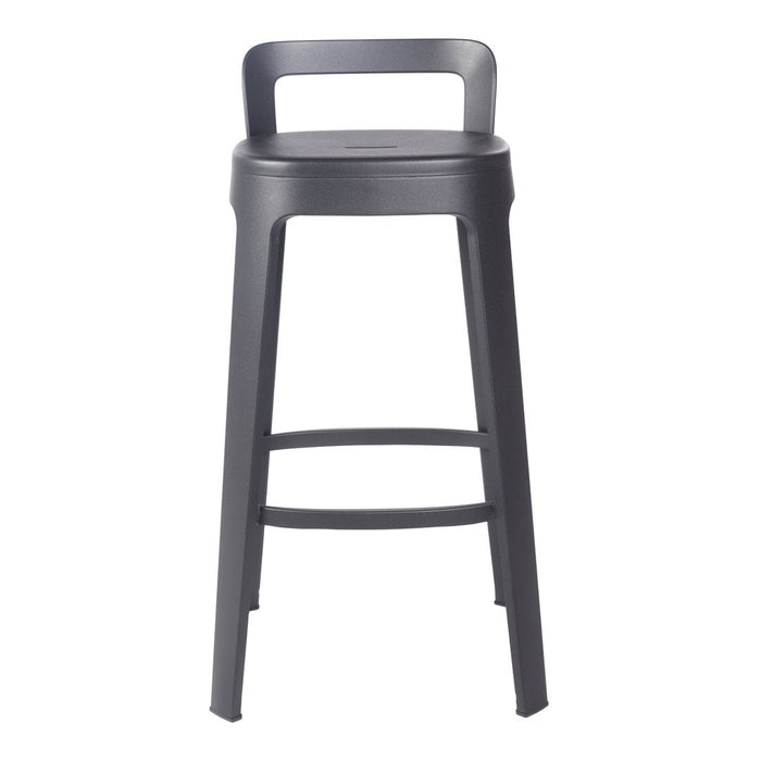 Gray metal bar stool with a sleek design and minimalist pattern, perfect for modern decor.