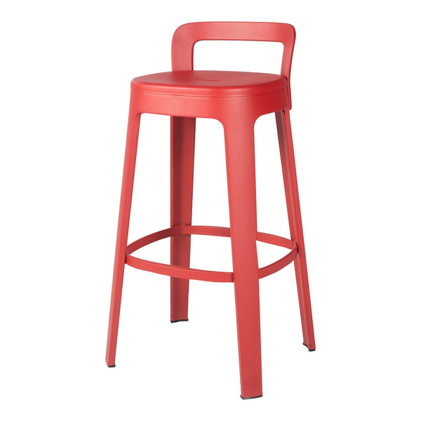 Red metal bar stool with a minimalist design and smooth finish, perfect for modern and vibrant decor.