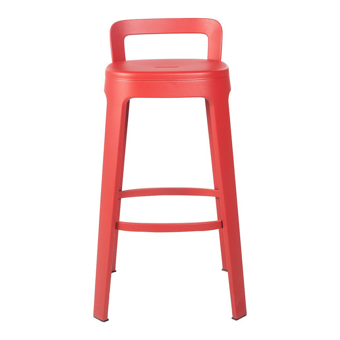 Bright red bar stool with a sleek, modern design and minimalist pattern. Perfect for adding a pop of color.