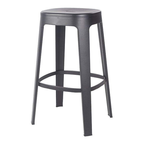 "Stylish dark gray metal bar stool with a smooth, matte finish and minimalist design, perfect for modern interiors."