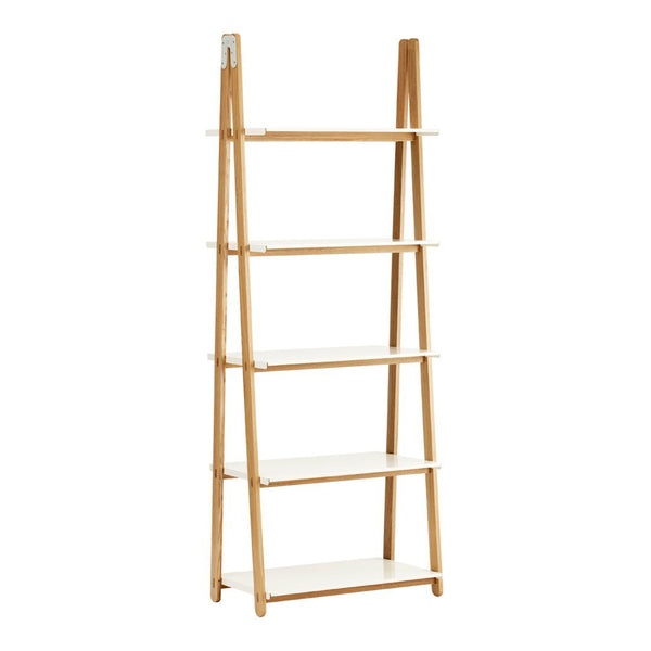 Natural wood finish ladder shelf with white shelves. Sleek, modern design enhances any living space.