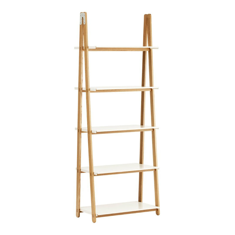 Natural wood finish ladder shelf with white shelves. Sleek, modern design enhances any living space.