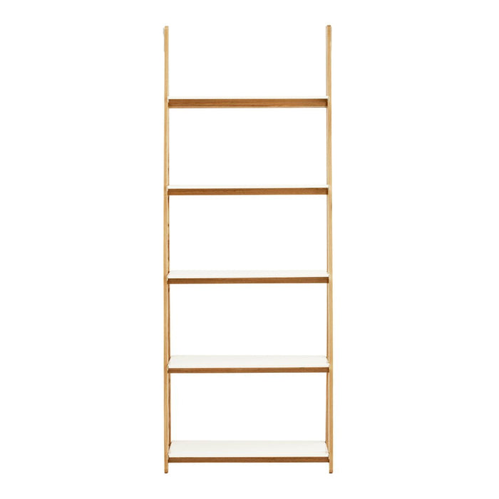 Minimalist wooden bookshelf with natural pine color and clean, white shelves, perfect for modern decor.