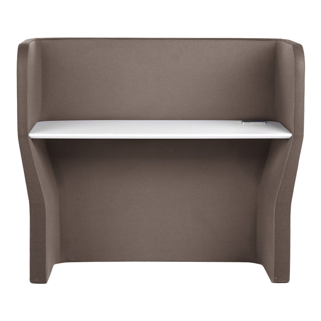 Brown upholstered booth with a sleek white shelf, featuring a minimalist design and smooth, contemporary lines.