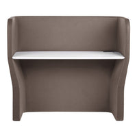 Brown upholstered booth with a sleek white shelf, featuring a minimalist design and smooth, contemporary lines.