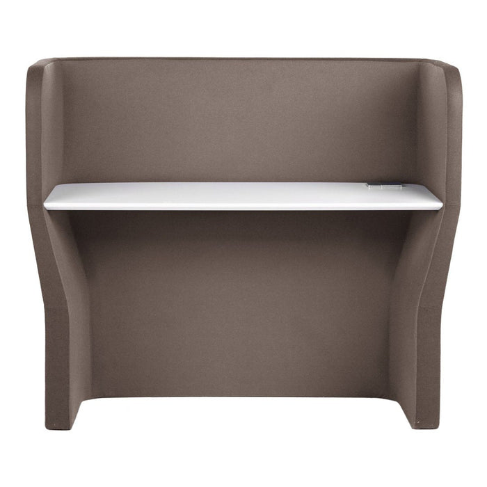 Brown upholstered booth with a sleek white shelf, featuring a minimalist design and smooth, contemporary lines.