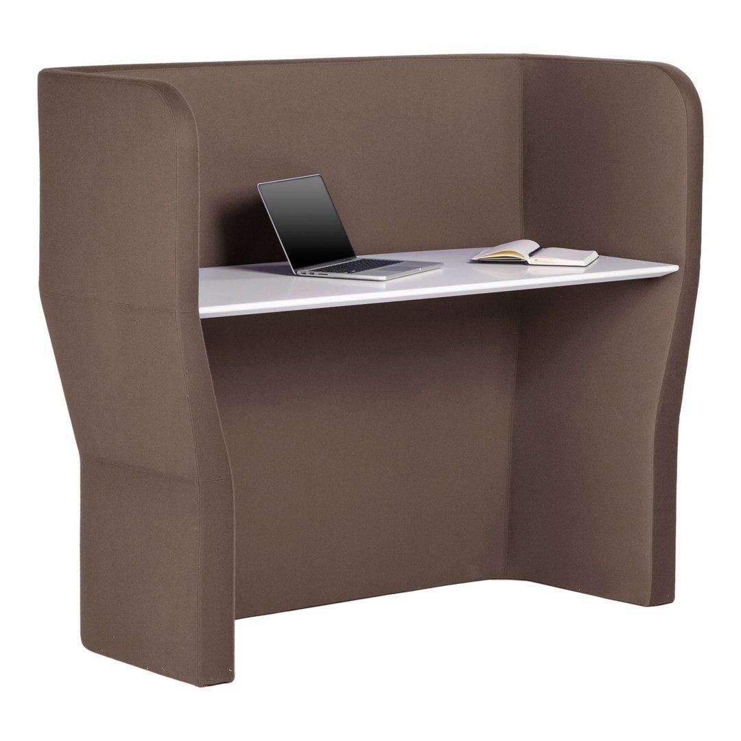 Brown fabric desk booth with a smooth white tabletop, featuring a contemporary design and minimalistic style.