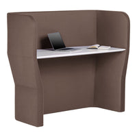Brown fabric desk booth with a smooth white tabletop, featuring a contemporary design and minimalistic style.