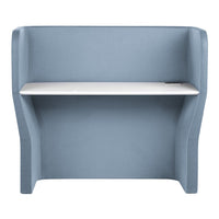 Light blue upholstered booth with a sleek white shelf, featuring smooth, minimalist design elements.