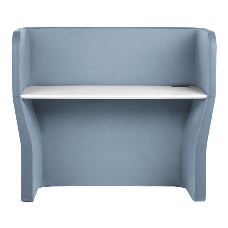 Light blue upholstered booth with a sleek white shelf, featuring smooth, minimalist design elements.