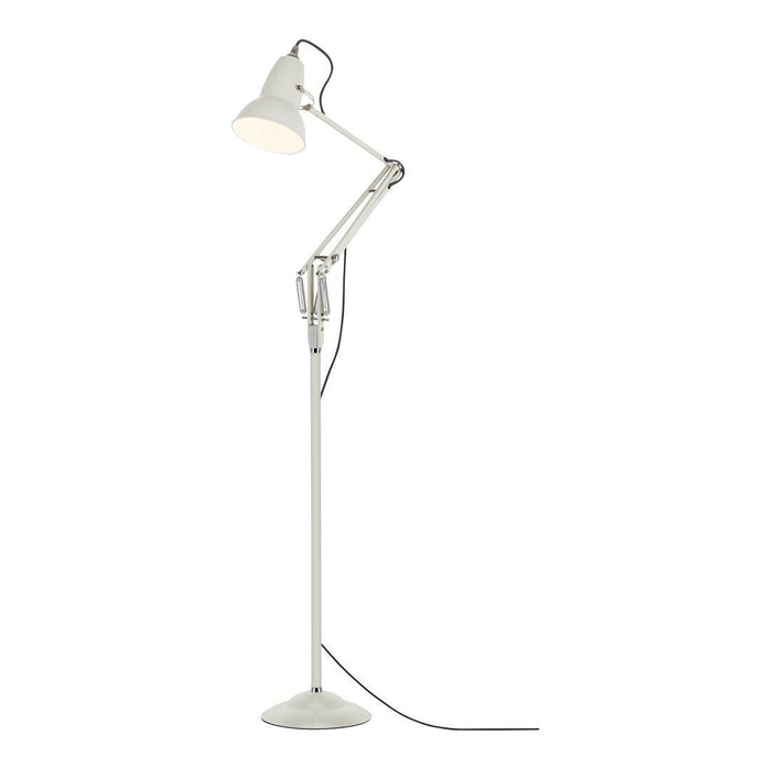 White adjustable floor lamp with a sleek design and minimalistic finish, featuring a smooth shade and clean lines.